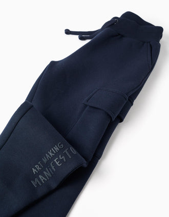 Brushed joggers with cargo pockets and print for boys, navy blue