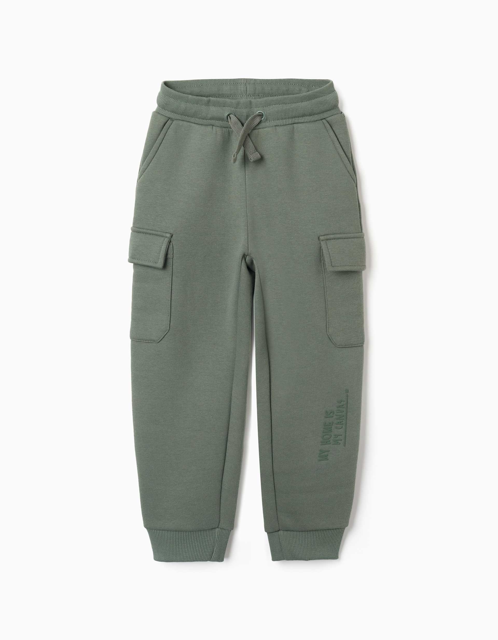 Brushed joggers with cargo pockets and print for boys, dark green