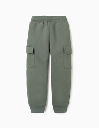 Brushed joggers with cargo pockets and print for boys, dark green