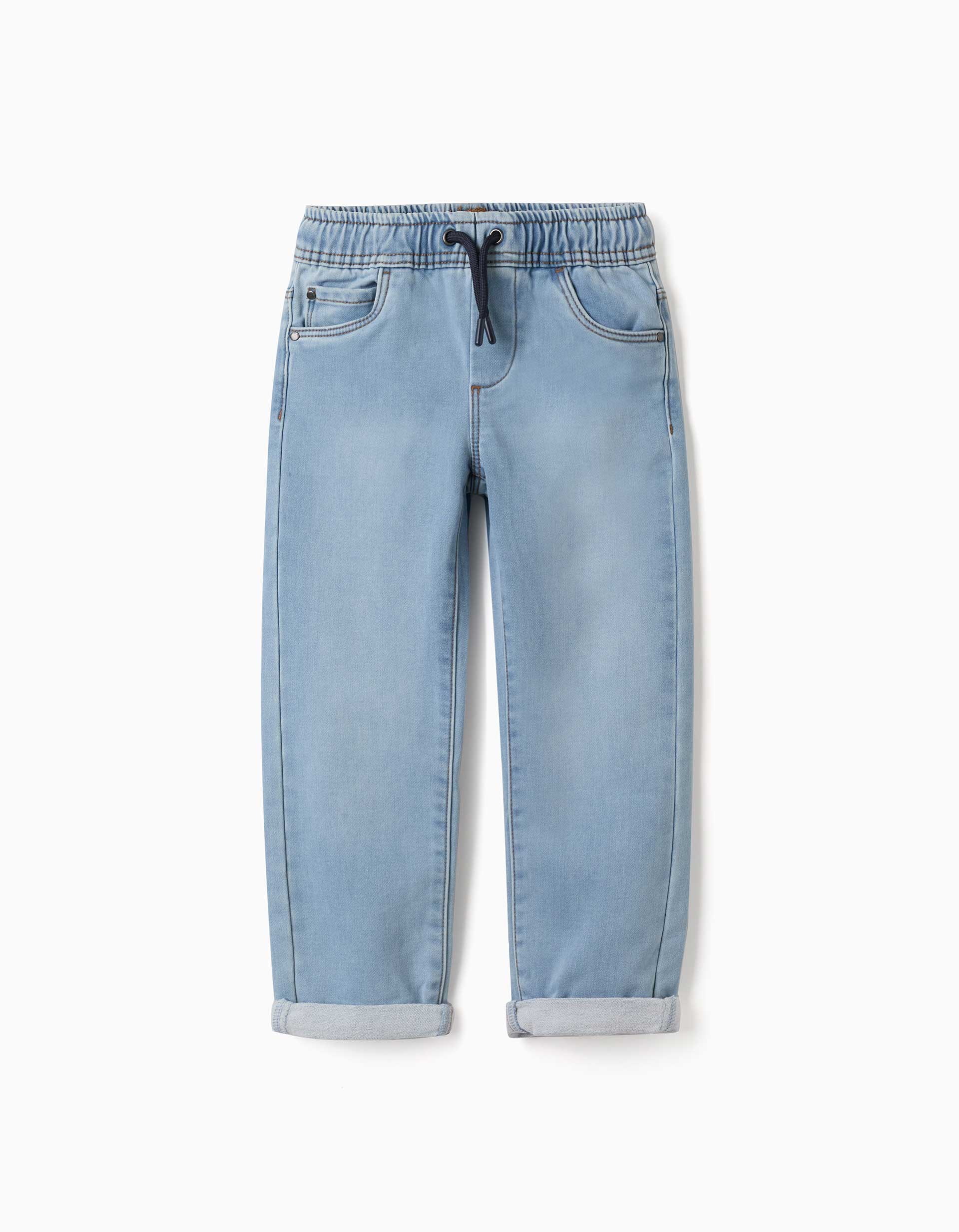 Calças jogger de ganga slim fit com cordão para menino, azul-claro