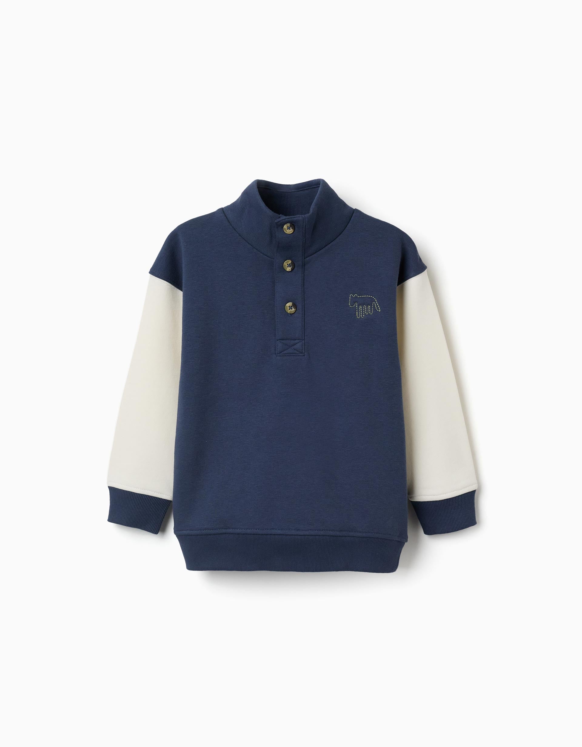 Sweat cardada com gola subida e bordado para menino, azul/branco