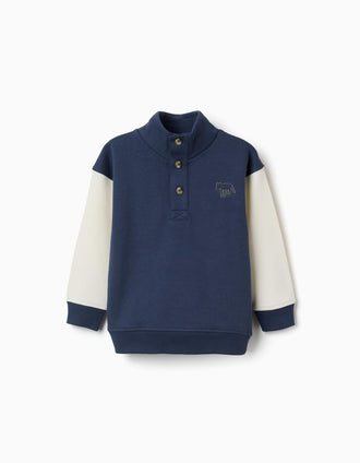 Sweat cardada com gola subida e bordado para menino, azul/branco