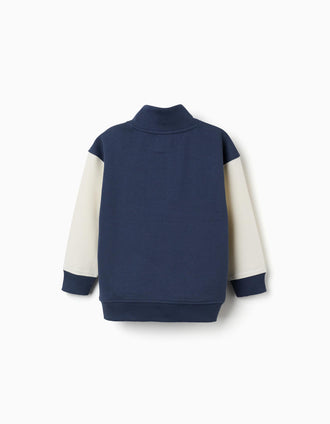 Sweat cardada com gola subida e bordado para menino, azul/branco