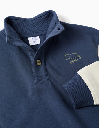 Sweat cardada com gola subida e bordado para menino, azul/branco