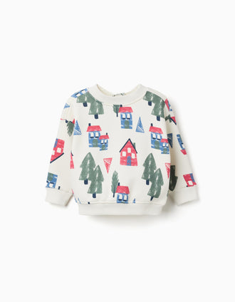 Sweat cardada com estampado de casas para bebé menino, branco