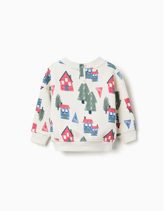 Sweat cardada com estampado de casas para bebé menino, branco