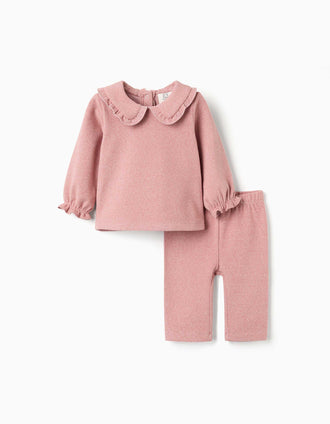 Conjunto de camisola e calças de malha para recém-nascida, rosa