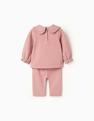 Conjunto de camisola e calças de malha para recém-nascida, rosa