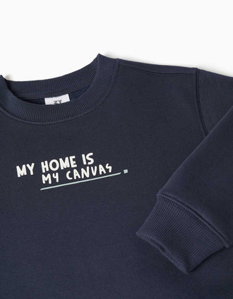 Sweat en coton peigné à imprimé My Home pour garçon, bleu marine