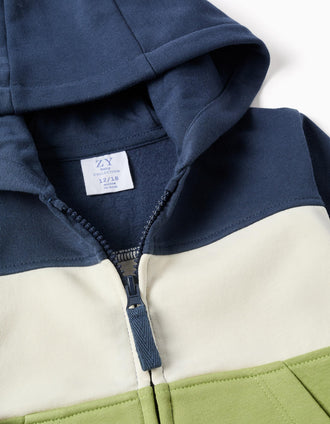 Casaco cardado com capuz para bebé menino, azul/branco/verde
