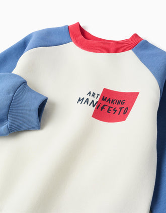 Sweat cardada com estampado Art Manifesto para menino, branco/azul/vermelho