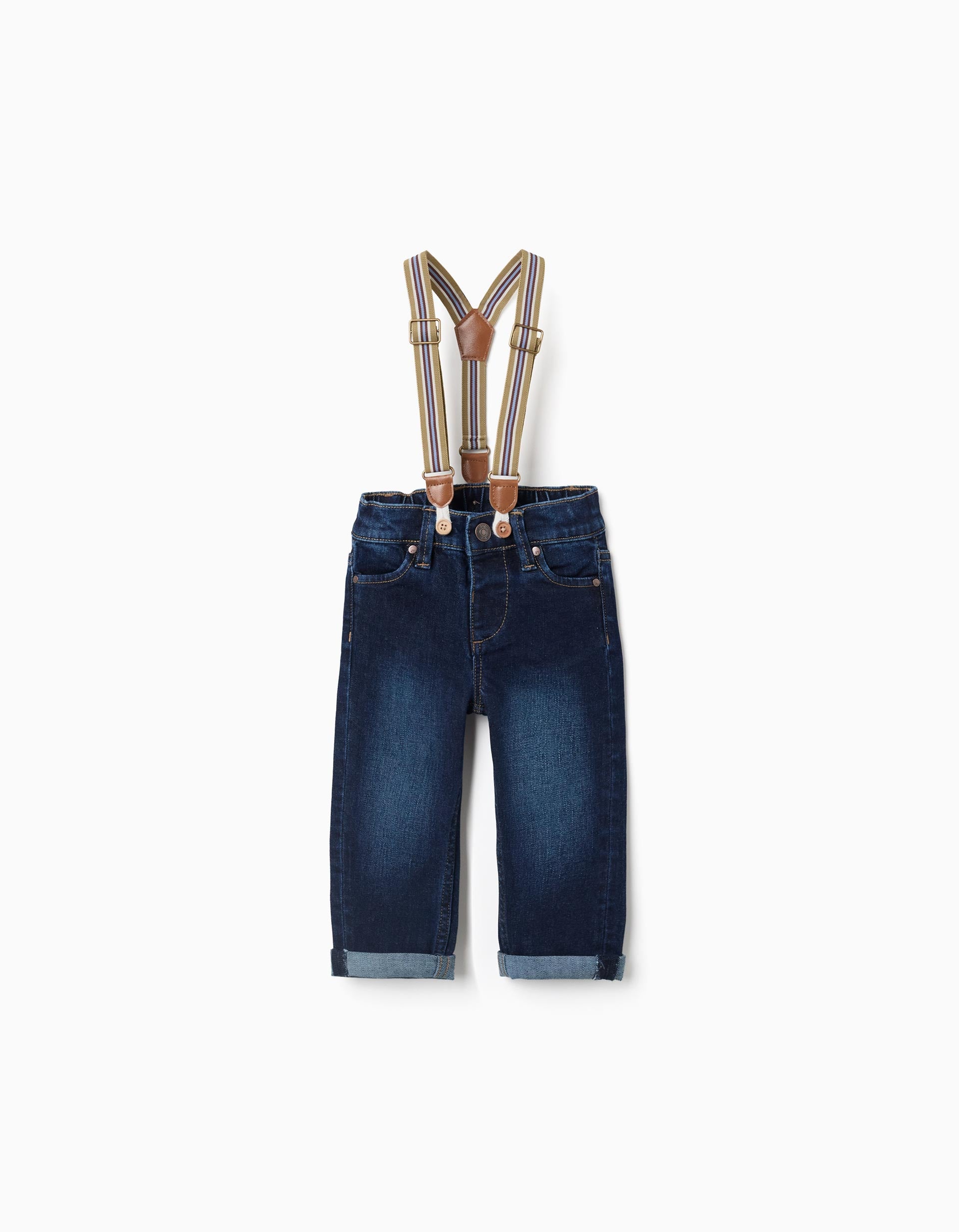 Pantalón vaquero con tirantes desmontables para bebé niño, azul oscuro