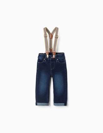 Pantalón vaquero con tirantes desmontables para bebé niño, azul oscuro