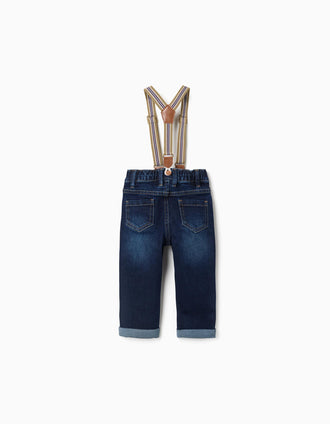 Pantalón vaquero con tirantes desmontables para bebé niño, azul oscuro