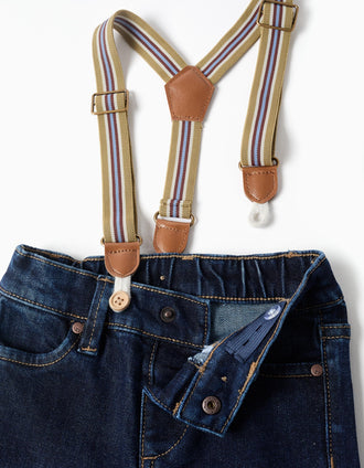Pantalón vaquero con tirantes desmontables para bebé niño, azul oscuro