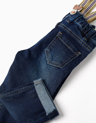 Pantalón vaquero con tirantes desmontables para bebé niño, azul oscuro