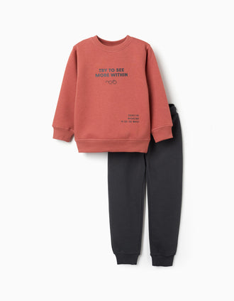 Survêtement en coton peigné à imprimé pour garçon, terracotta/gris foncé