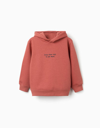 Sweat cardada com capuz e estampado para menino, terracota