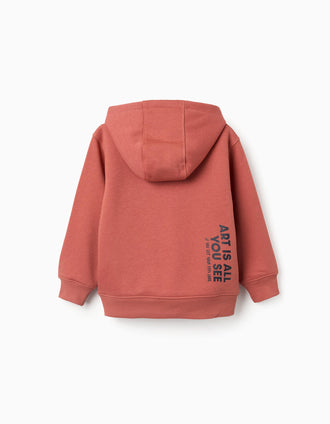Sweat cardada com capuz e estampado para menino, terracota