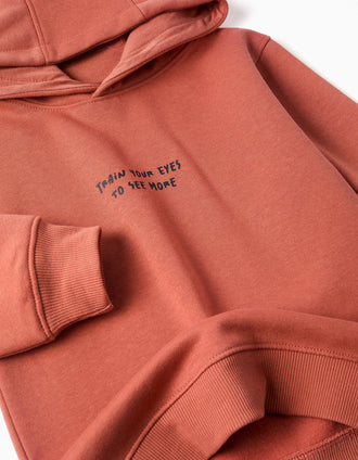 Sweat cardada com capuz e estampado para menino, terracota