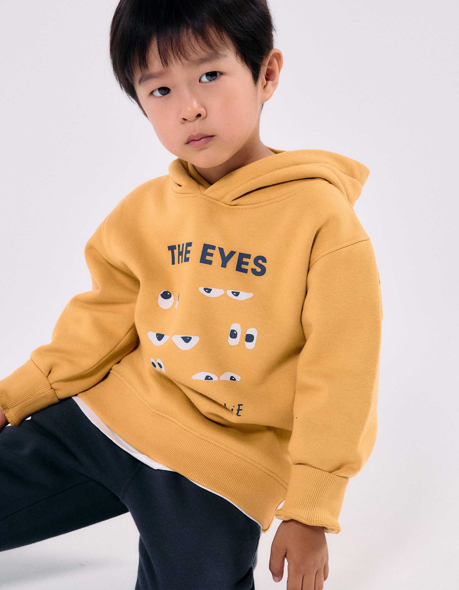 Brushed hooded sweatshirt with print for boys, yellow