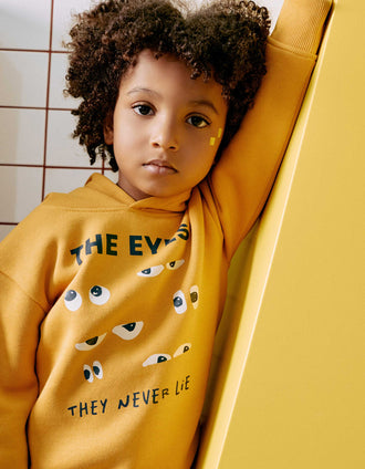 Brushed hooded sweatshirt with print for boys, yellow