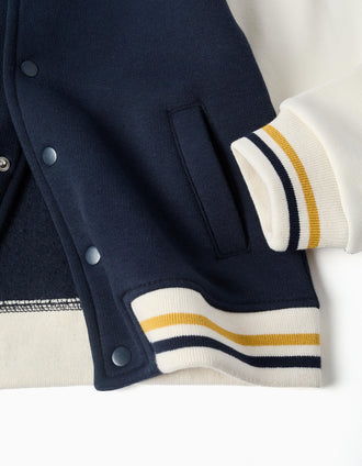 Brushed bomber jacket with print for boys, navy blue/white/yellow