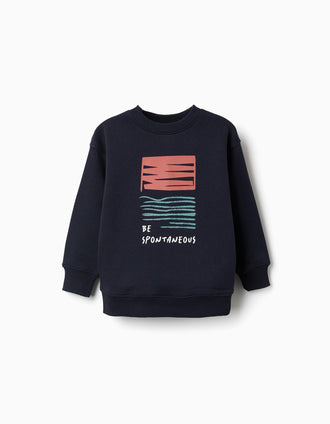 Sweat cardada com estampado em relevo para menino, azul-marinho