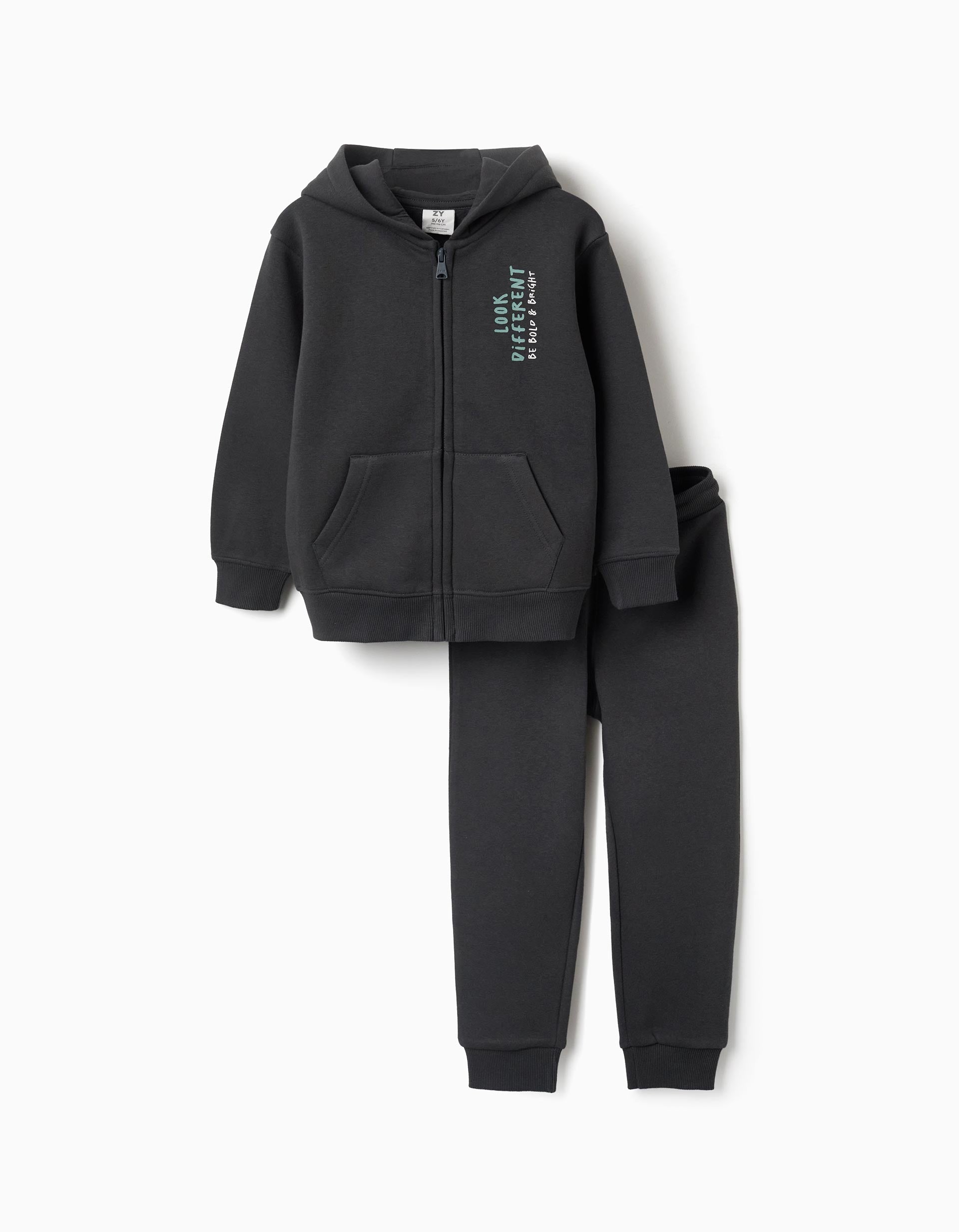 Sweat zippé et pantalon de jogging en coton peigné pour garçon, gris foncé