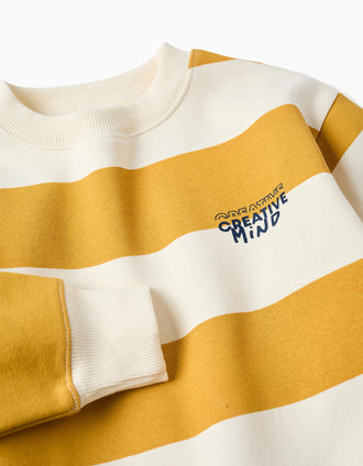 Sweat cardada às riscas com estampado para menino, branco/amarelo