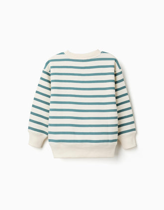Sweat cardada às riscas com estampado para menino, branco/azul-esverdeado