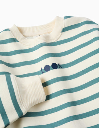 Sweat cardada às riscas com estampado para menino, branco/azul-esverdeado