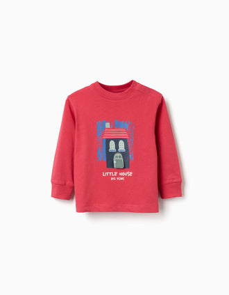T-shirt de manga comprida de algodão com casa 3D para bebé menino, vermelho