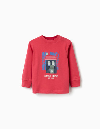 T-shirt de manga comprida de algodão com casa 3D para bebé menino, vermelho