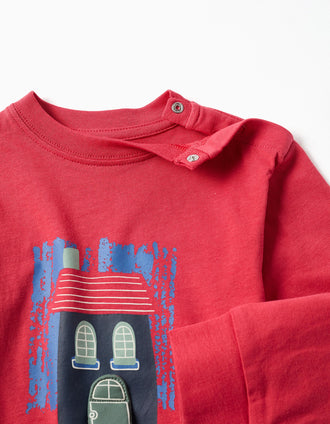T-shirt de manga comprida de algodão com casa 3D para bebé menino, vermelho