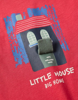 T-shirt de manga comprida de algodão com casa 3D para bebé menino, vermelho