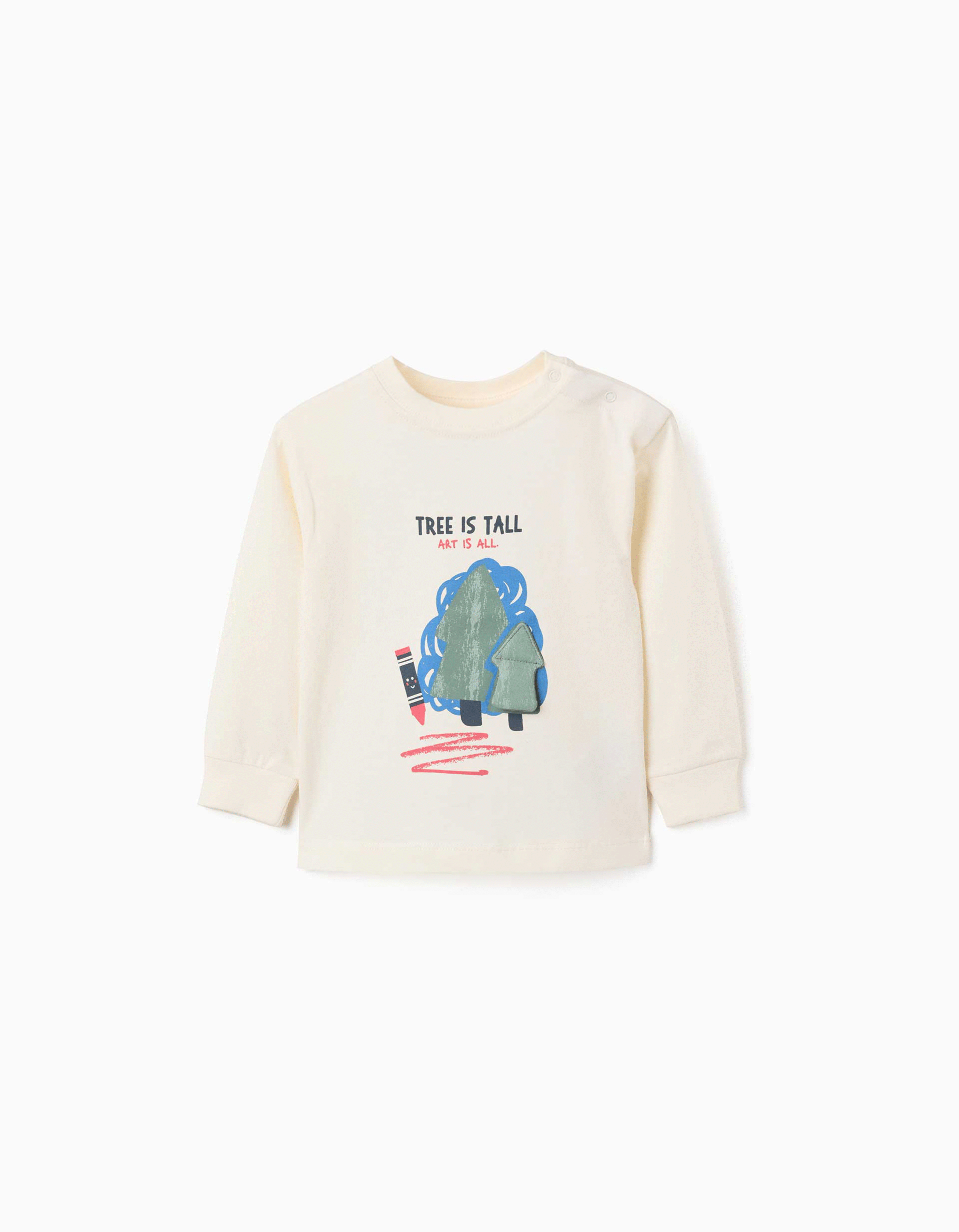 T-shirt de manga comprida de algodão com árvore 3D para bebé menino, branco