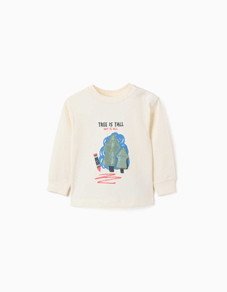 T-shirt de manga comprida de algodão com árvore 3D para bebé menino, branco
