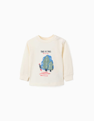 T-shirt de manga comprida de algodão com árvore 3D para bebé menino, branco