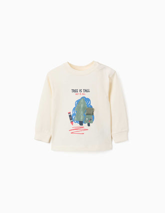 T-shirt de manga comprida de algodão com árvore 3D para bebé menino, branco