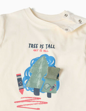 T-shirt de manga comprida de algodão com árvore 3D para bebé menino, branco