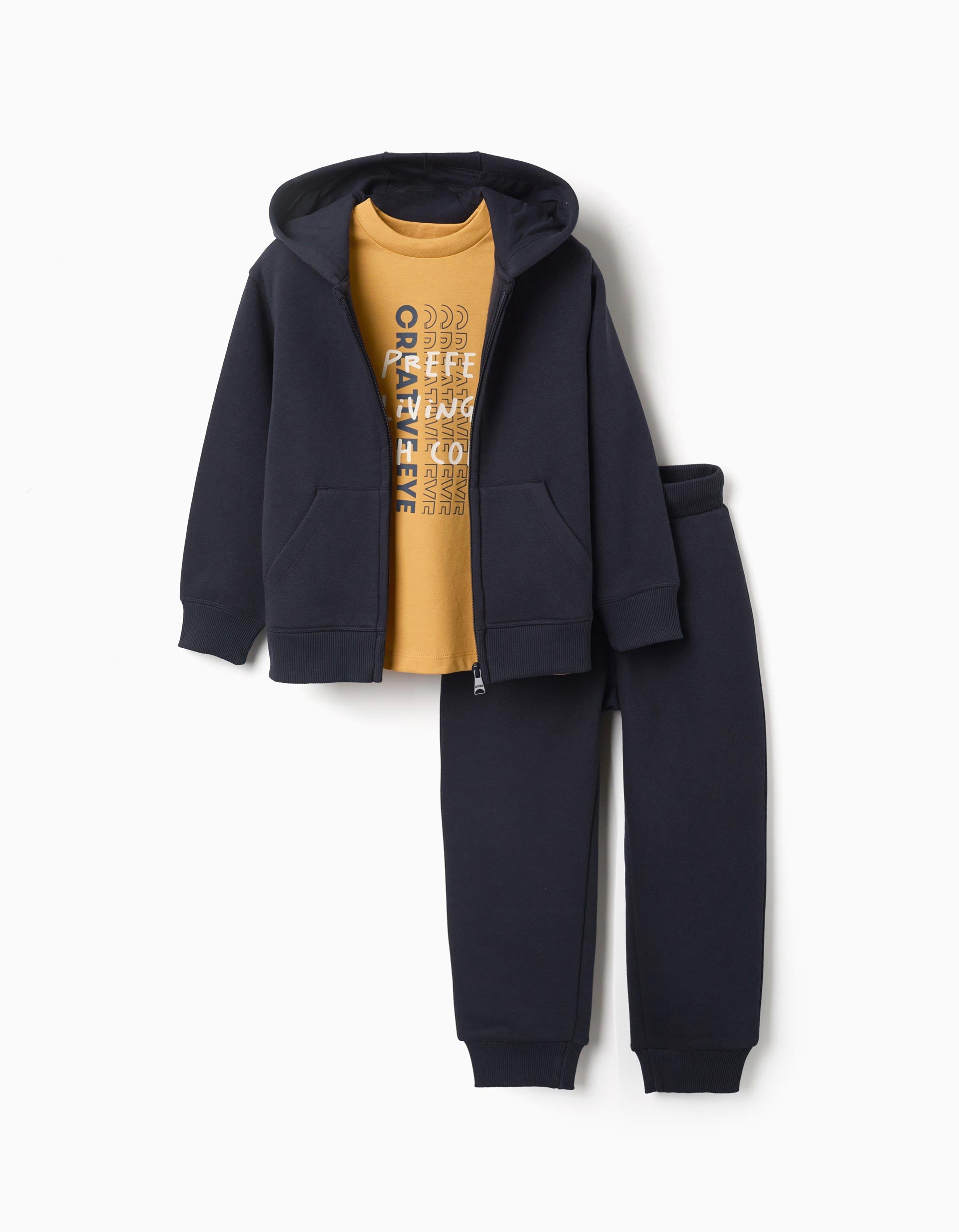 Ensemble de jogging 3 pièces en coton pour garçon, bleu marine/jaune