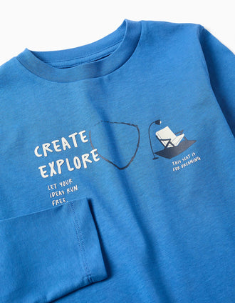 Long sleeve cotton T-shirt with Create print for boys, blue
