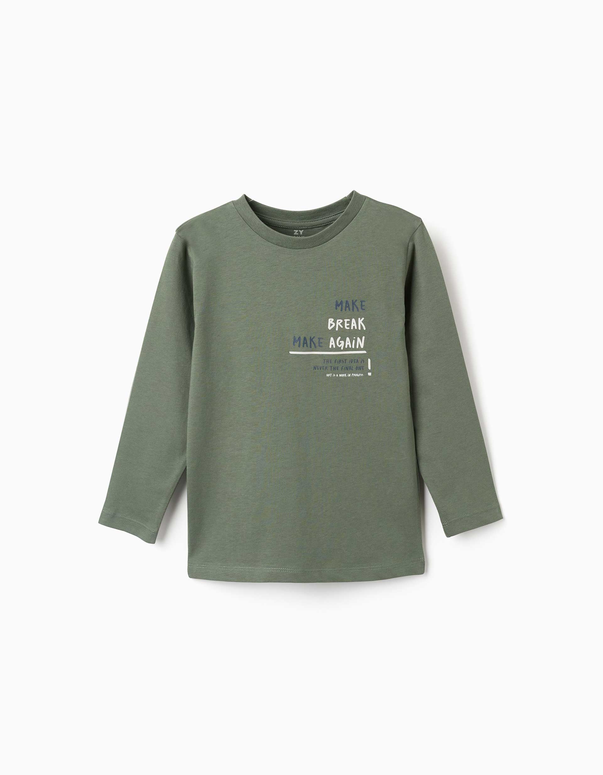 Long sleeve cotton T-shirt with Make Again print for boys, green