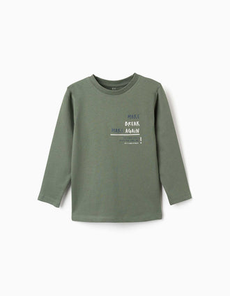 Long sleeve cotton T-shirt with Make Again print for boys, green