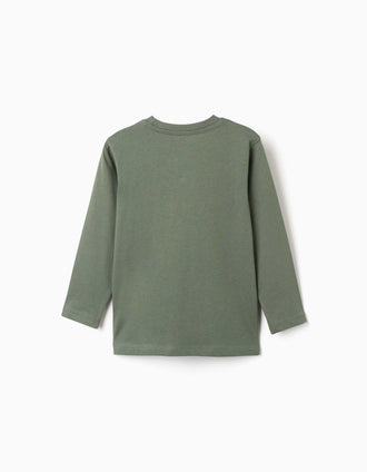 Long sleeve cotton T-shirt with Make Again print for boys, green