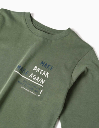 Long sleeve cotton T-shirt with Make Again print for boys, green