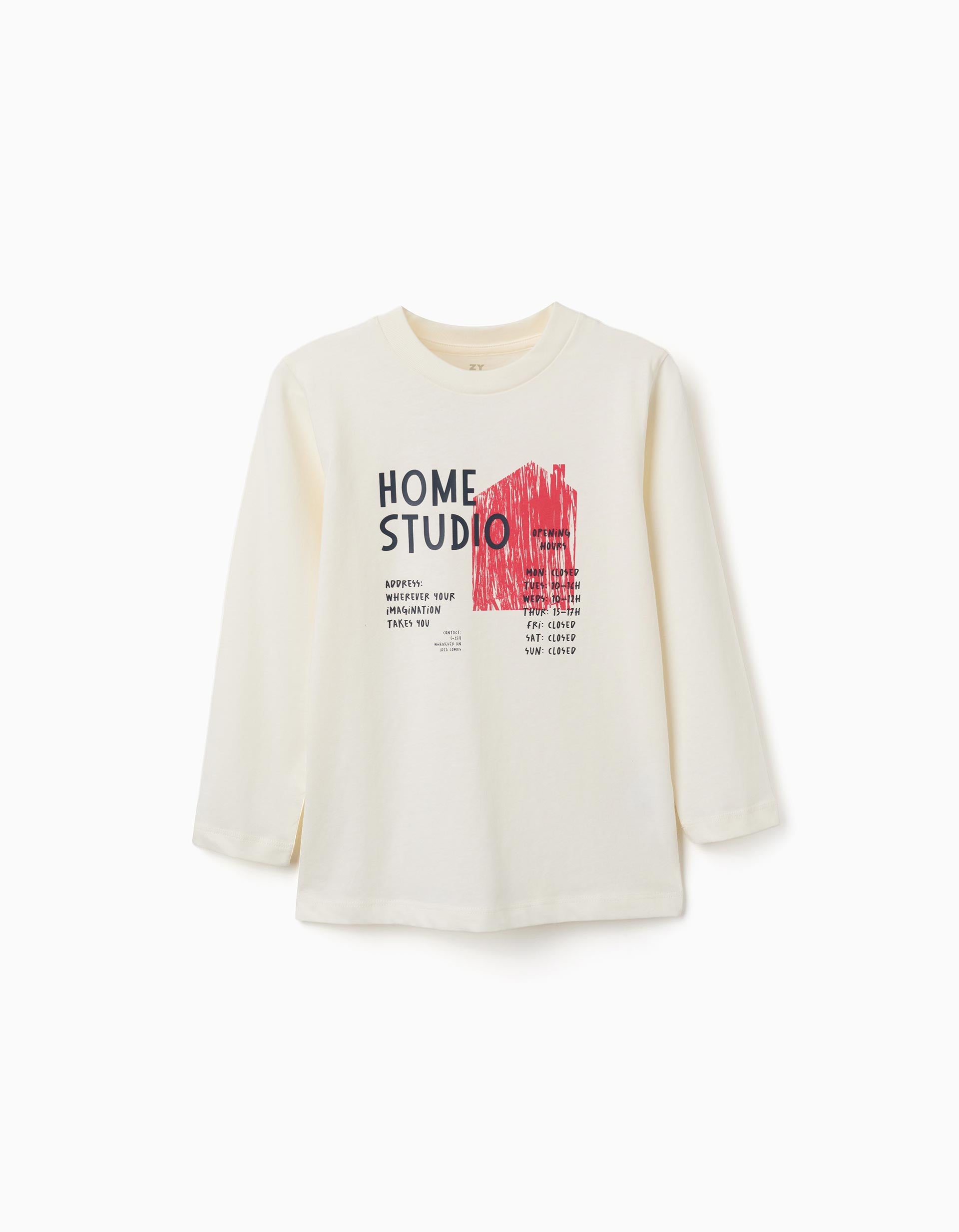 Long sleeve cotton T-shirt with Home Studio print for boys, white