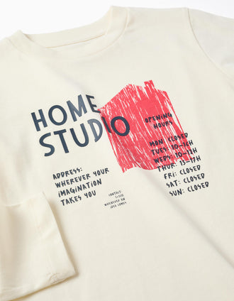 Long sleeve cotton T-shirt with Home Studio print for boys, white