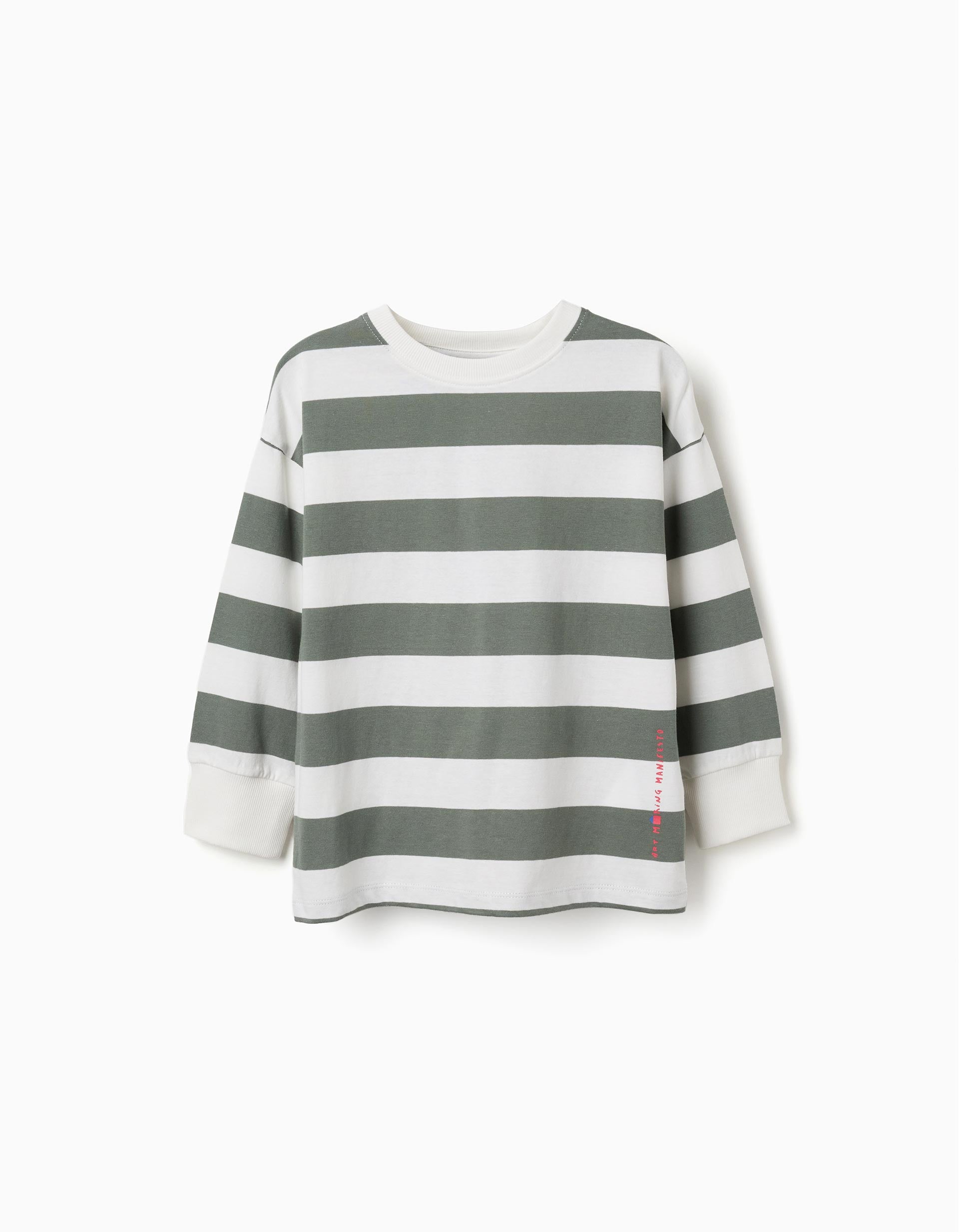 Long sleeve cotton T-shirt with stripes and print for boys, white/green